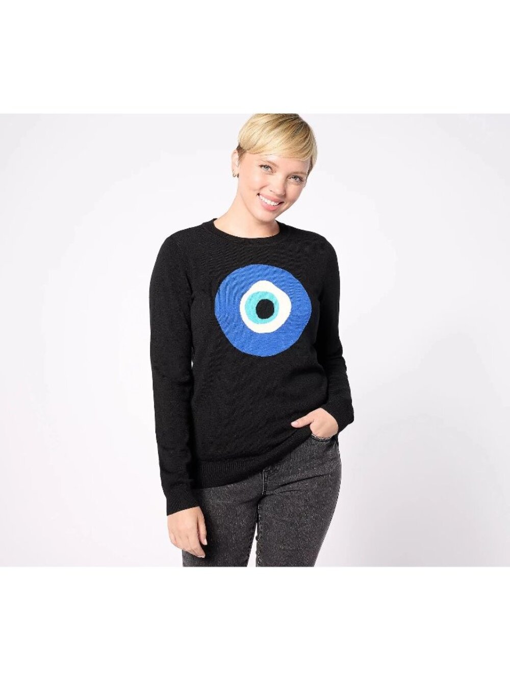 Studio Park X Albert Popa Icon Sweater Size XL Evil Eye Black Blue Cozy Knitwear